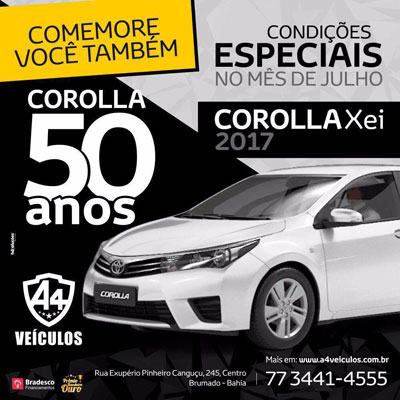 A4 Veículos oferece condições especiais para compra do Corolla Xei 2017