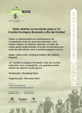 Inscrições para a 16ª Corrida Ecológica Brumado/Rio de Contas estão abertas