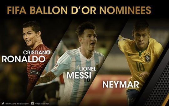 Neymar é finalista  da Bola de Ouro com Lionel Messi e CR7