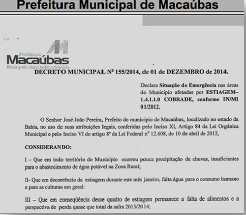 Mesmo com período chuvoso, prefeito de Macaúbas decreta situação de emergência por conta da seca