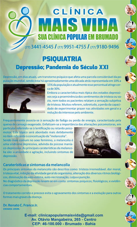 Psiquiatria: Depressão é pandemia do século XXI; atendimento será realizado dia 08 de julho na Clínica Mais Vida