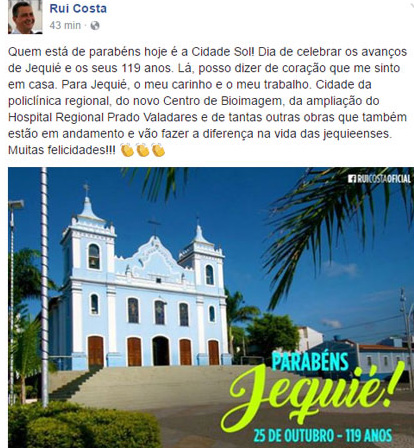 Governador Rui Costa comete gafe ao parabenizar Jequié com imagem da igreja de Brumado