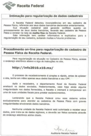 Estelionatários tentam aplicar golpe com carta falsa da Receita Federal