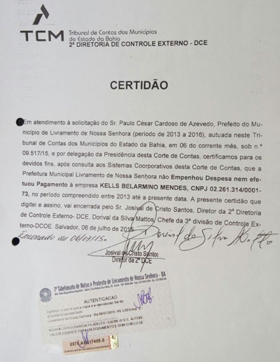 Com documento autenticado do TCM, prefeito de Livramento de Nossa Senhora justifica investigação da PF