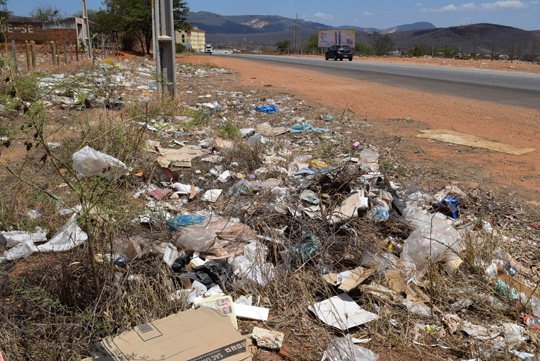 Lixo depositado na entrada da BA-262 em Brumado oferece risco para condutores