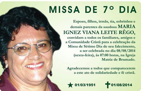 Brumado: Familiares convidam para Missa de Sétimo Dia de Maria Ignez Viana Leite Rêgo