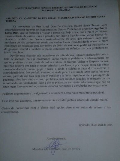 Brumado: Moradores da Israel Dias enviam carta de protesto ao prefeito e irão manifestar na via hoje (10) 