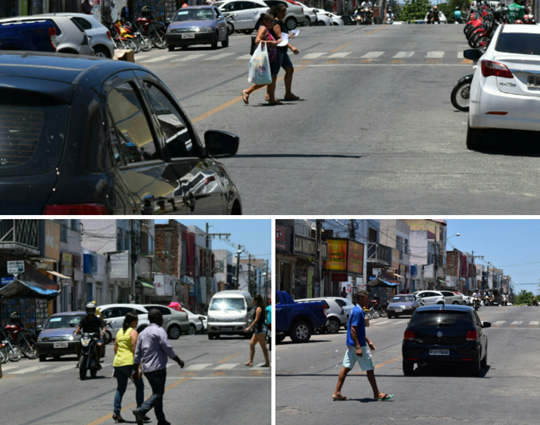 Pedestres abandonam faixa e se arriscam entre os carros em Brumado