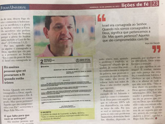 Prefeito de Guanambi é destaque em jornal da Igreja Universal e fama espalha pelo mundo