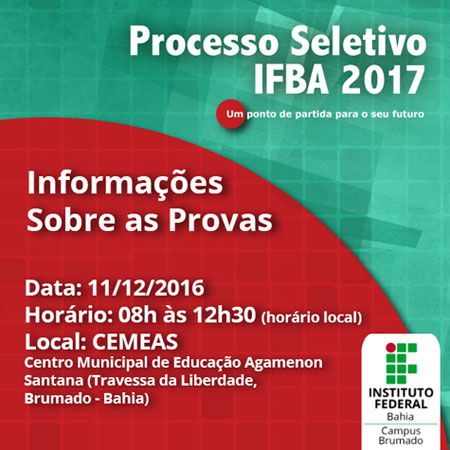 Ifba: Divulgados os locais de prova do Processo Seletivo 2017 em Brumado