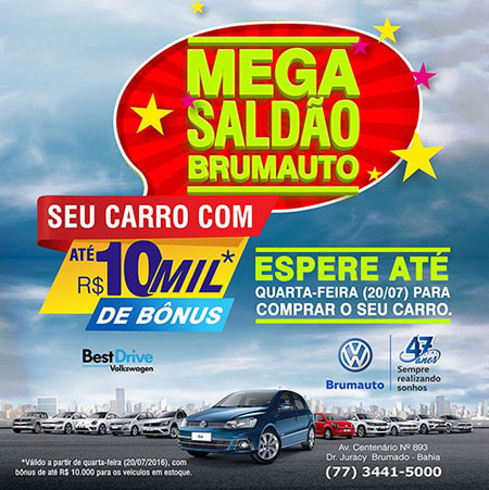 Mega Saldão Brumauto te dá até R$ 10 mil de bônus na compra do seu carro