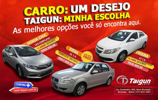 Conheça os modelos de automóveis disponíveis na Taigun Auto em Brumado