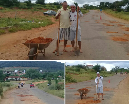 Na ausência do poder público, trabalhadores tapam buracos em pleno 1º de maio em Brumado