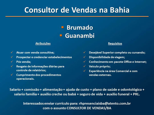 Vagas para consultor de vendas em Brumado e Guanambi