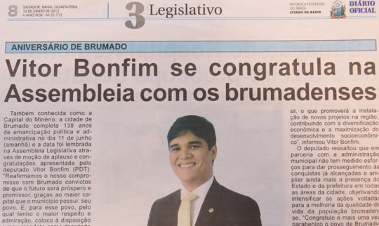 Homenagem de Vitor Bonfim a Brumado é destaque no Diário Oficial da Bahia